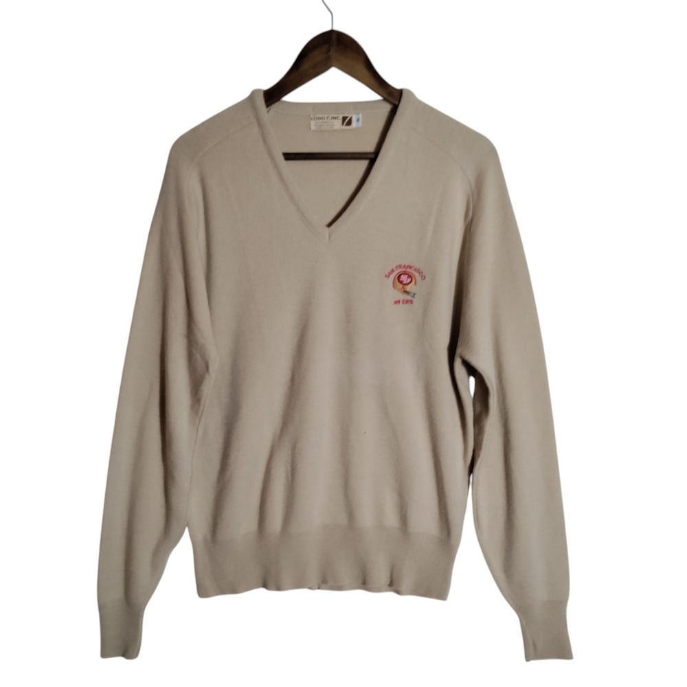 VTG 80s Logo 7 San Francisco 49ers Cream Sweater Mens XL NFL Made in USA